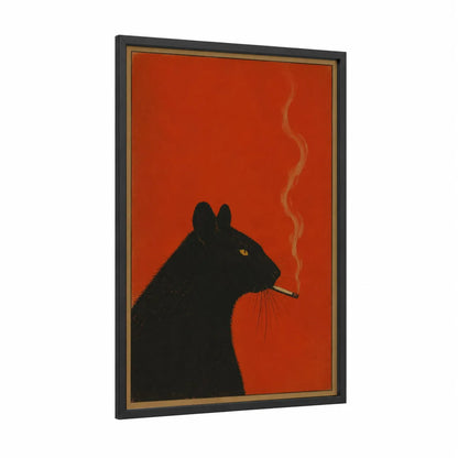 Black Cat Smoking Portrait Wall Art framed art print — black wood frame — orange and black palette