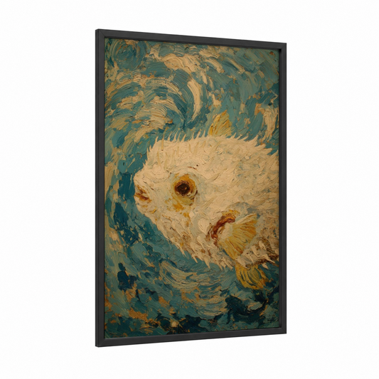 Swirling Puffer Fish framed art print — black wood frame — teal and gold palette
