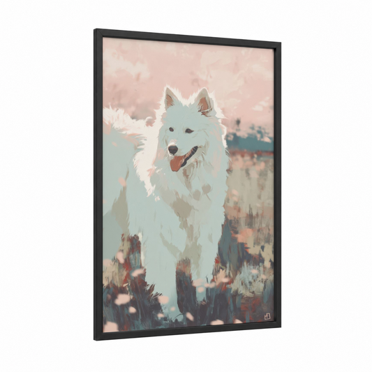Snowy Spitz Smile framed art print — black wood frame — peach and light green palette