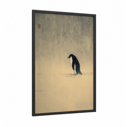 Snowy Penguin framed art print — black wood frame — white and black and white palette