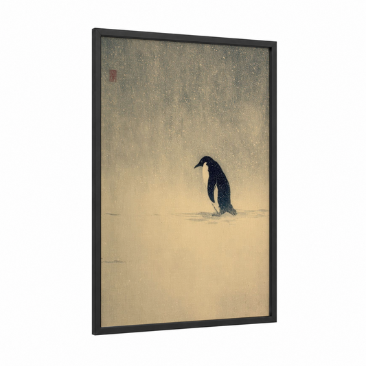 Snowy Penguin framed art print — black wood frame — white and black and white palette