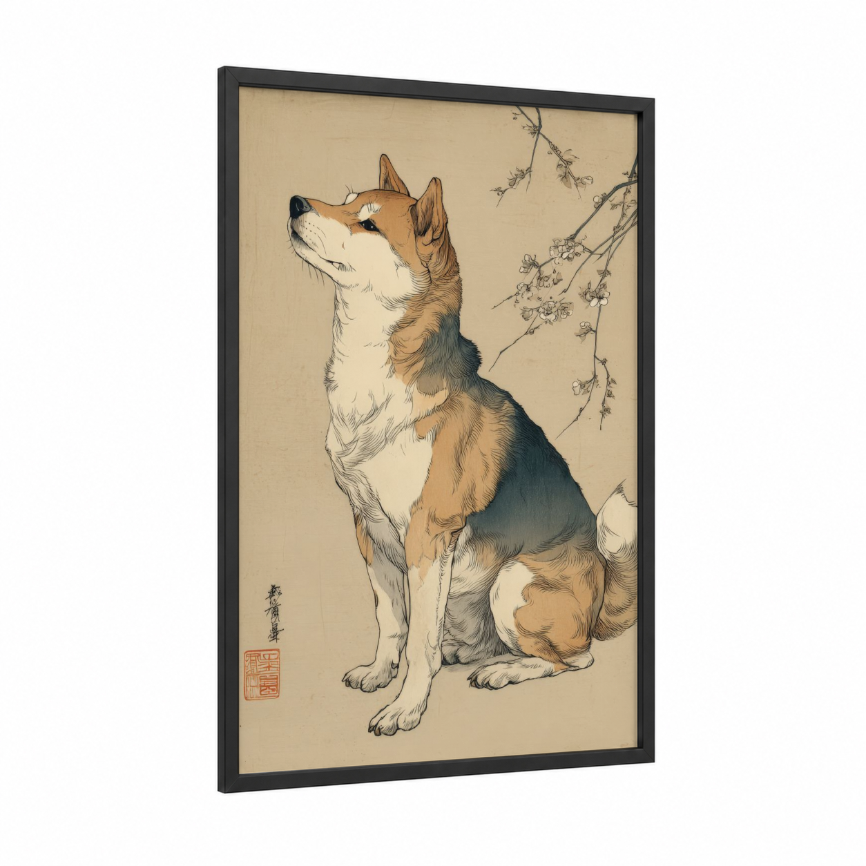 Contemplative Shiba Inu framed art print — black wood frame — beige and cream palette