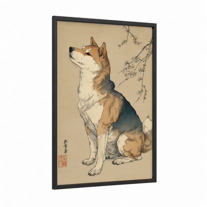 Contemplative Shiba Inu framed art print — black wood frame — beige and cream palette