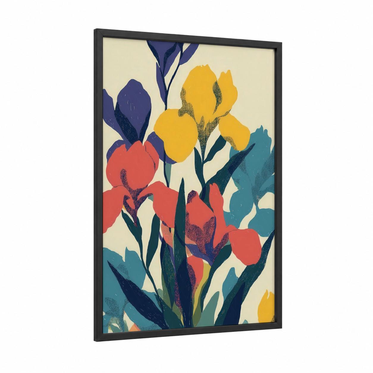 Colorful Iris Blooms framed art print — black wood frame — red and gold palette