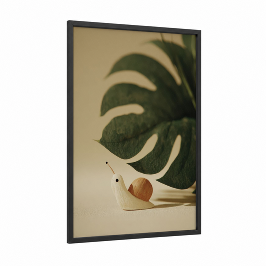 Cream Snail framed art print — black wood frame — cream and dark green palette