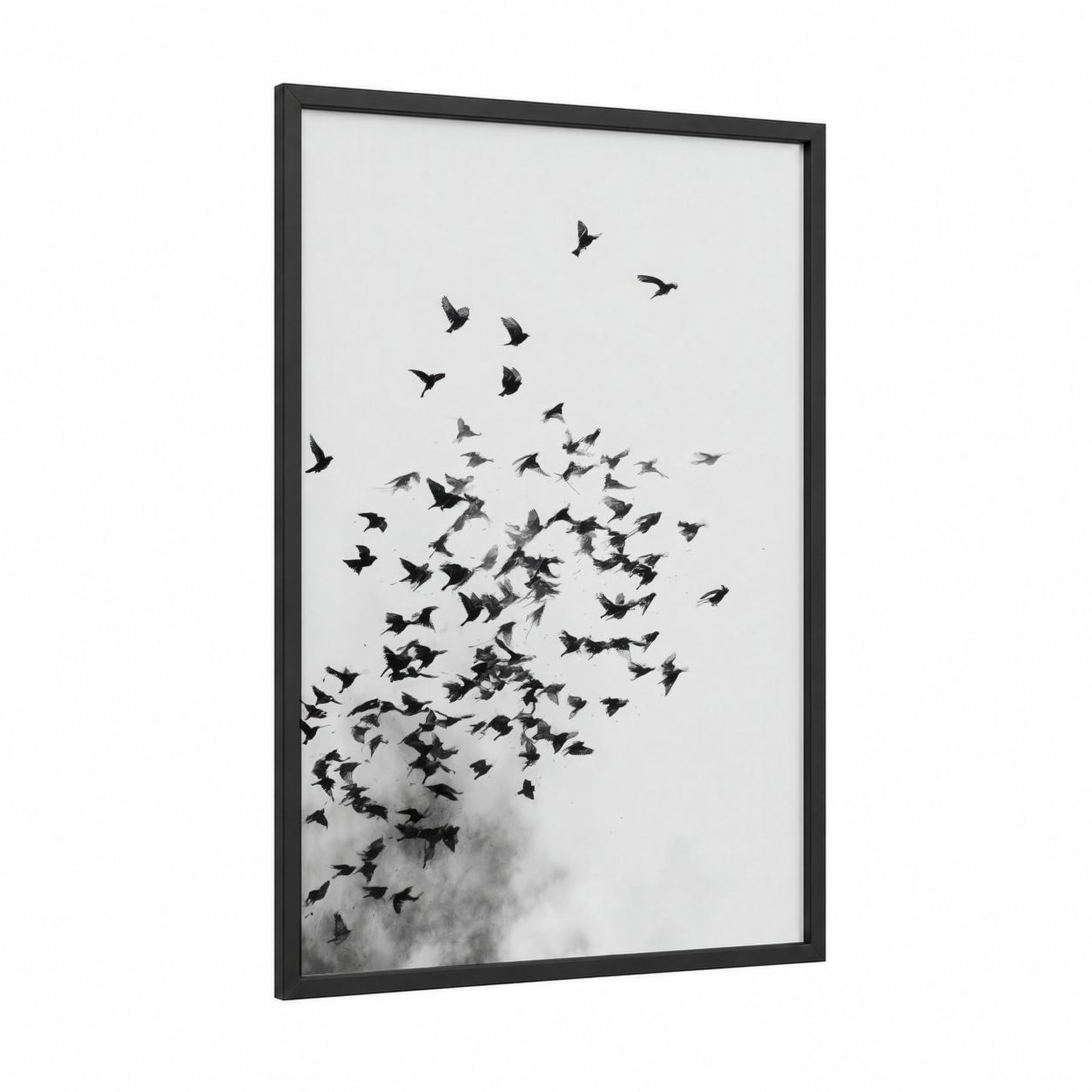 Rising Finches framed art print — black wood frame — black and white and gray palette