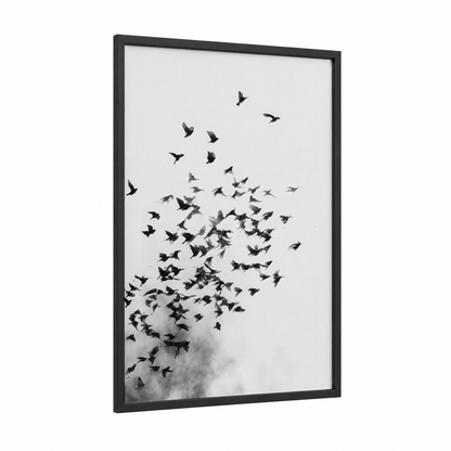 Rising Finches framed art print — black wood frame — black and white and gray palette