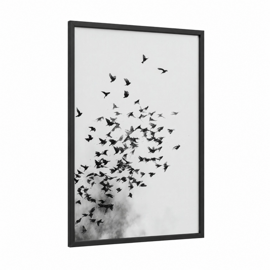 Rising Finches framed art print — black wood frame — black and white and gray palette