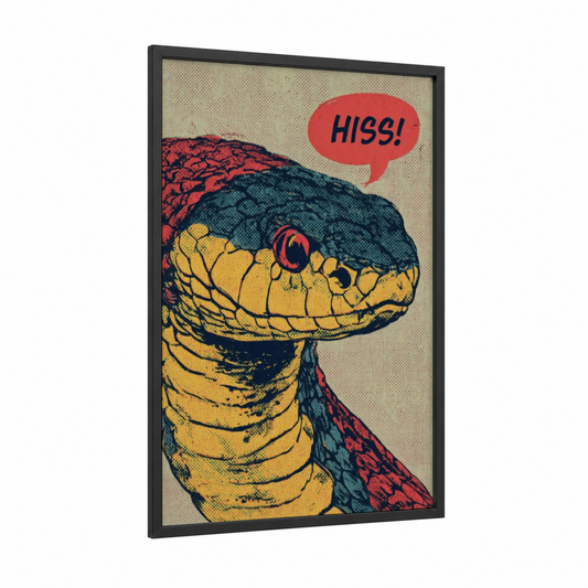 Hissing Viper framed art print — black wood frame — yellow gold and black and red palette