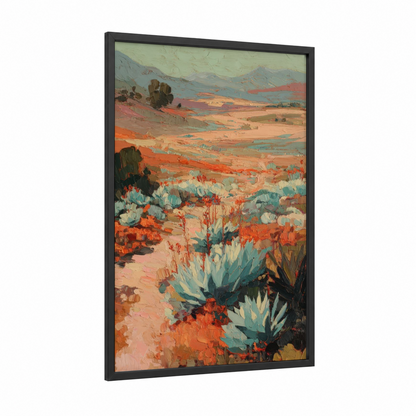 Desert Succulent Landscape framed art print — black wood frame — teal and orange palette