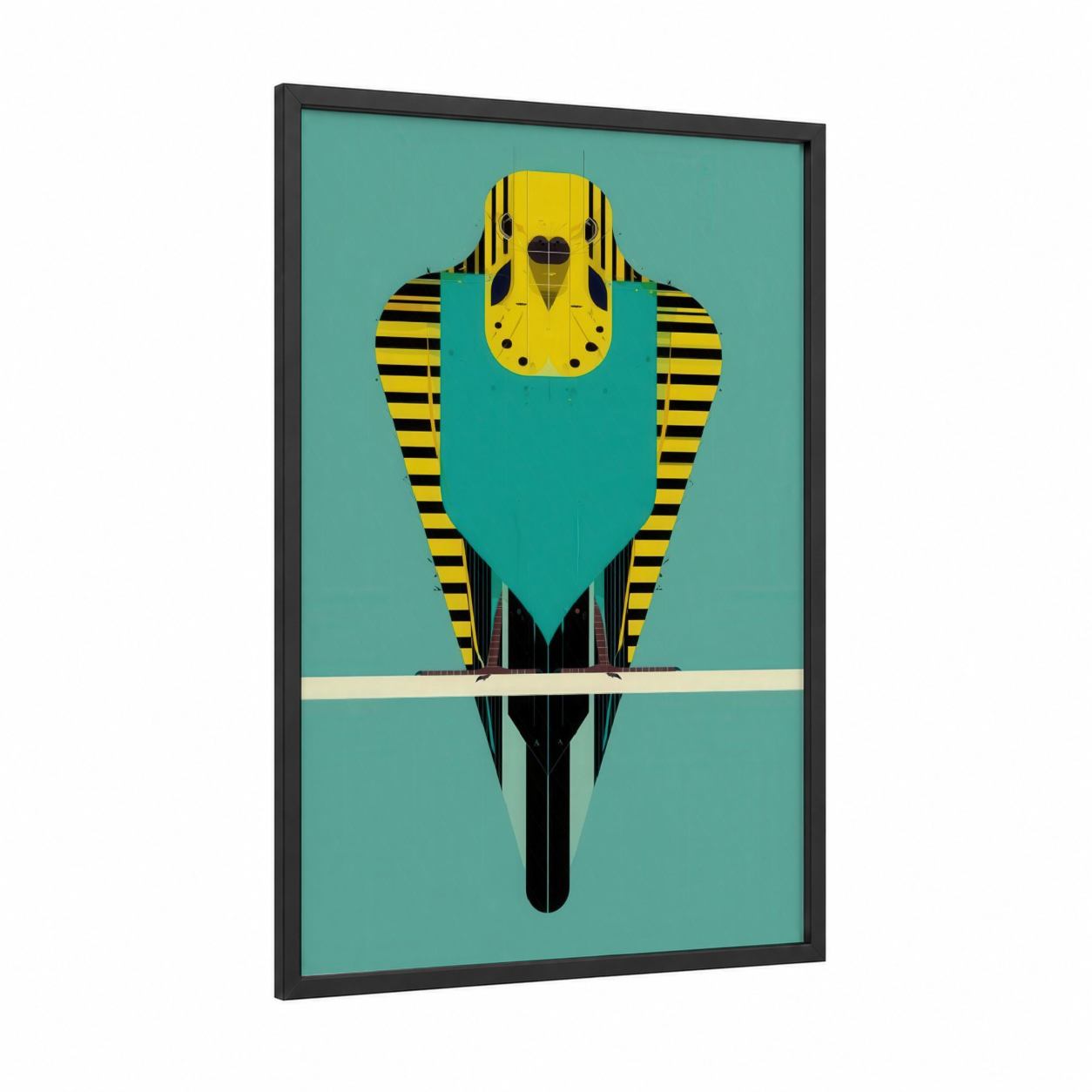 Yellow Budgerigar framed budgeridar print — black wood frame — yellow and teal palette
