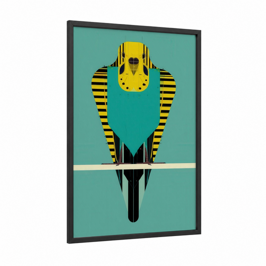 Yellow Budgerigar framed budgeridar print — black wood frame — yellow and teal palette