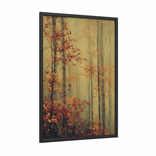 Misty Autumn Forest framed art print — black wood frame — gold and russet palette