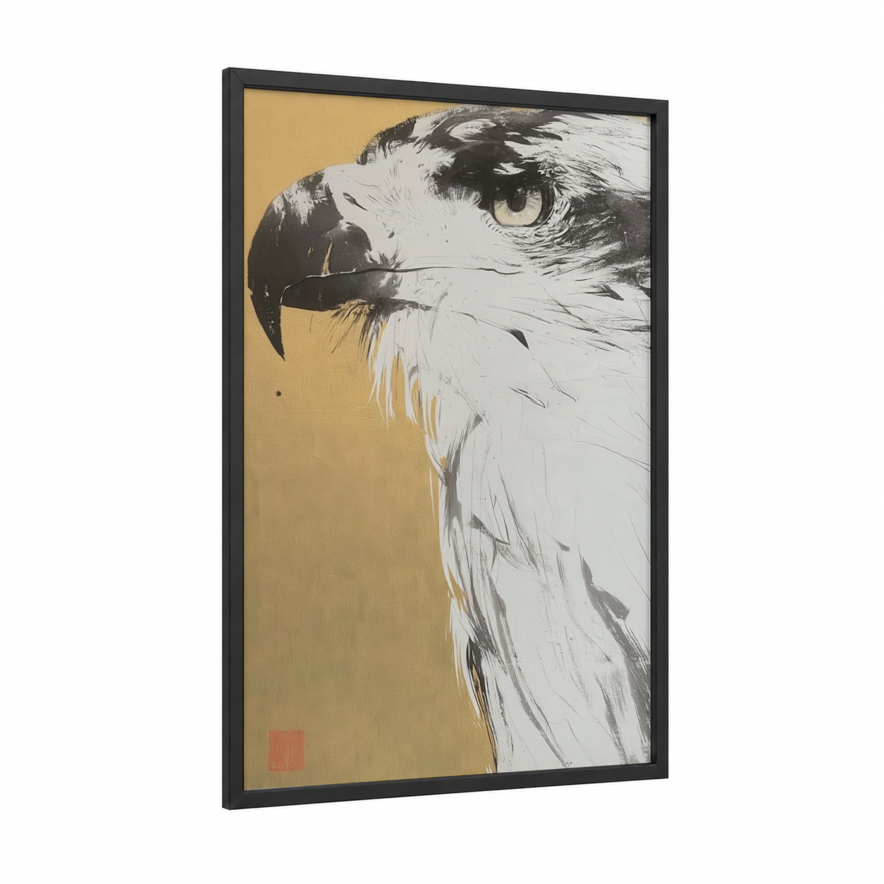 Golden Eagle Portrait framed art print — black wood frame — gold and black and white palette