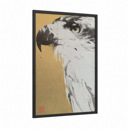 Golden Eagle Portrait framed art print — black wood frame — gold and black and white palette