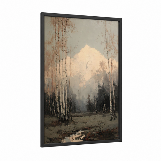 Alpine Mountain Vista framed snowy mountains print — black wood frame — cream and dove gray palette