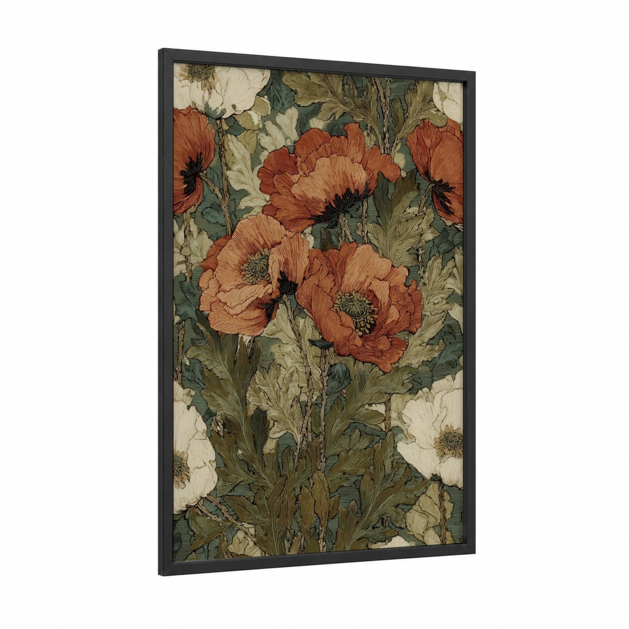 Crimson Poppies framed art print — black wood frame — russet and sage green palette