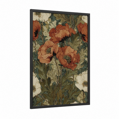 Crimson Poppies framed art print — black wood frame — russet and sage green palette