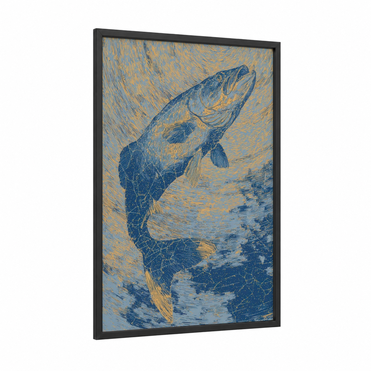 Golden Tarpon framed art print — black wood frame — blue and gold palette