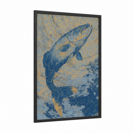 Golden Tarpon framed art print — black wood frame — blue and gold palette