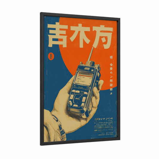 Retro Mobile Phone framed vintage japanese ads print — black wood frame — orange and blue palette