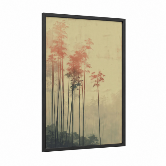 Misty Forest Sentinels framed art print — black wood frame — cream and salmon pink palette