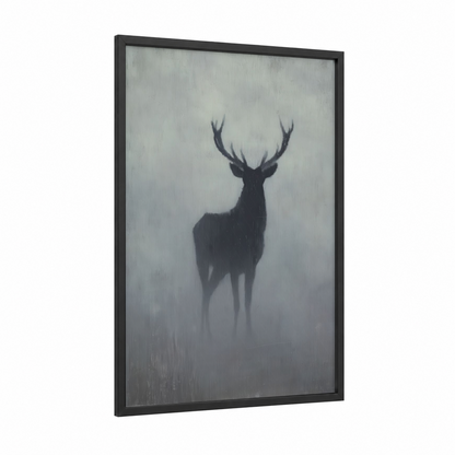Misty Reindeer framed art print — black wood frame — gray and black and white palette