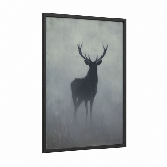Misty Reindeer framed art print — black wood frame — gray and black and white palette
