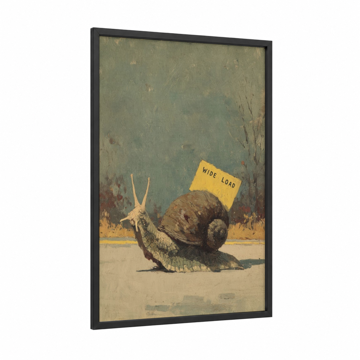 Wide Load Snail framed art print — black wood frame — sage green and beige palette