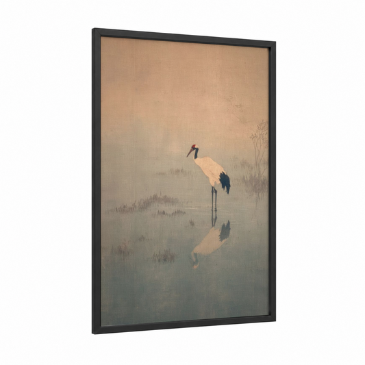 Misty Lake Crane framed lakes print — black wood frame — cream and dove gray palette