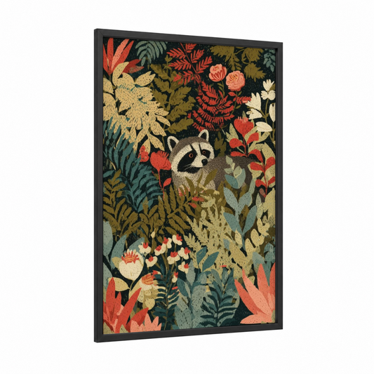 Botanical Raccoon framed art print — black wood frame — gold and red palette