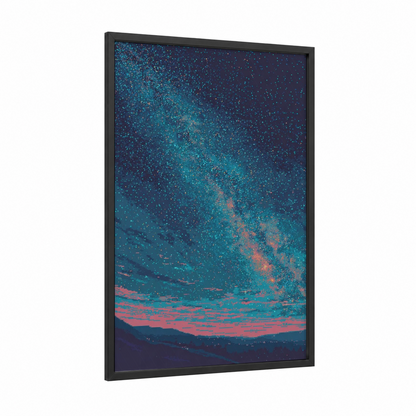 Cosmic Nebula Sunrise framed art print — black wood frame — teal and blue palette