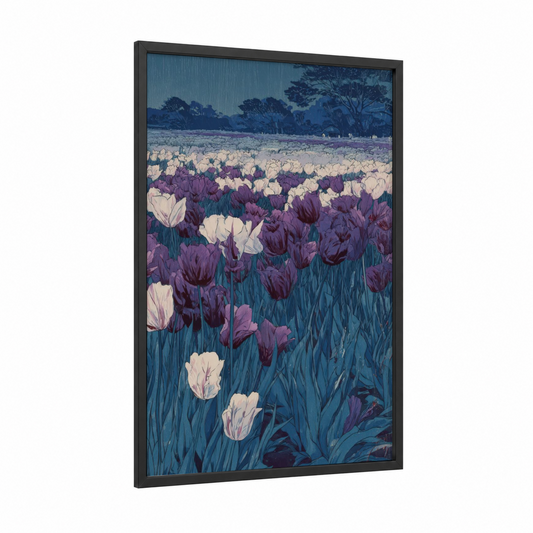 Twilight Tulip Field framed art print — black wood frame — blue and magenta palette