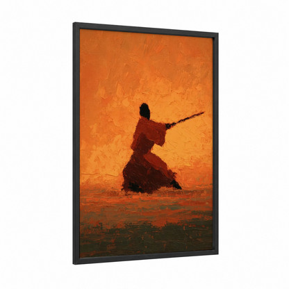Crimson Warrior framed kung fu print — black wood frame — orange and maroon palette