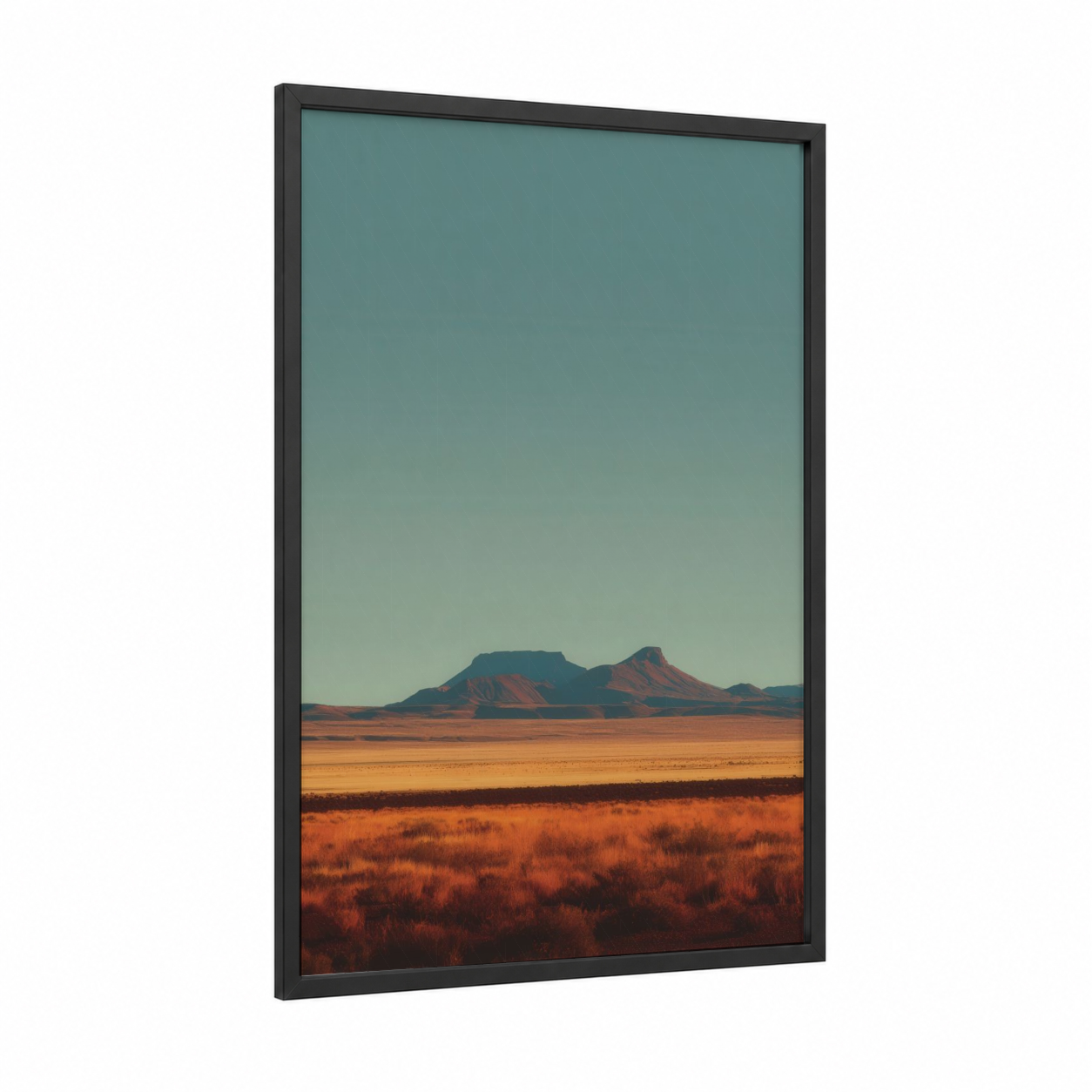 Golden Desert Dunes framed art print — black wood frame — orange and teal palette