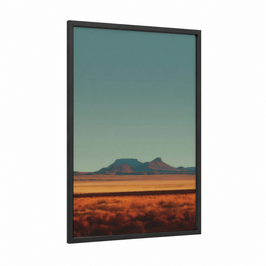 Golden Desert Dunes framed art print — black wood frame — orange and teal palette