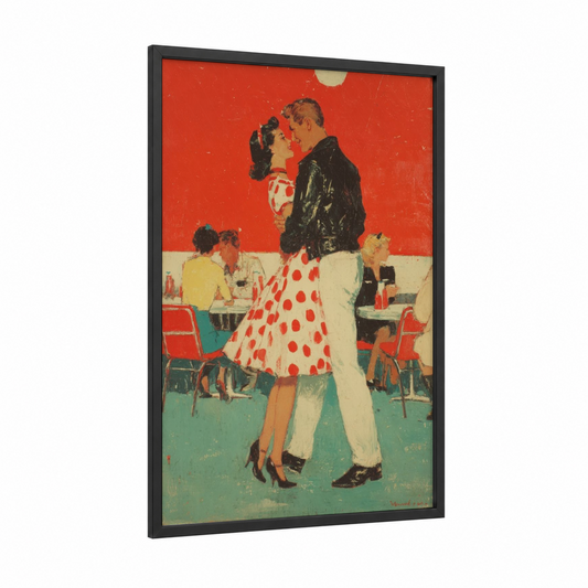 Retro Dance Romance framed retro fashion print — black wood frame — red and teal palette