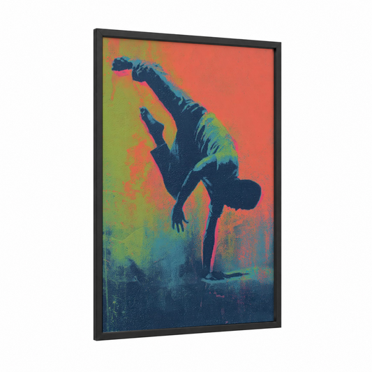 Neon Capoeira framed art print — black wood frame — orange and lime green palette