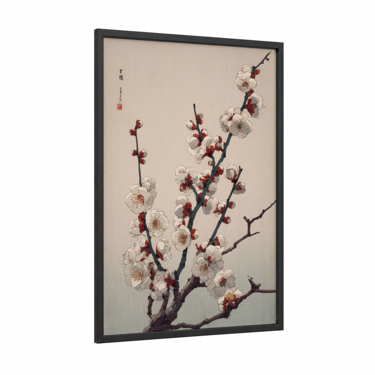 Cherry Blossom Branch framed cherry blossoms print — black wood frame — cream and maroon palette