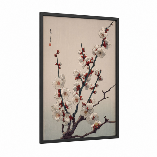 Cherry Blossom Branch framed cherry blossoms print — black wood frame — cream and maroon palette
