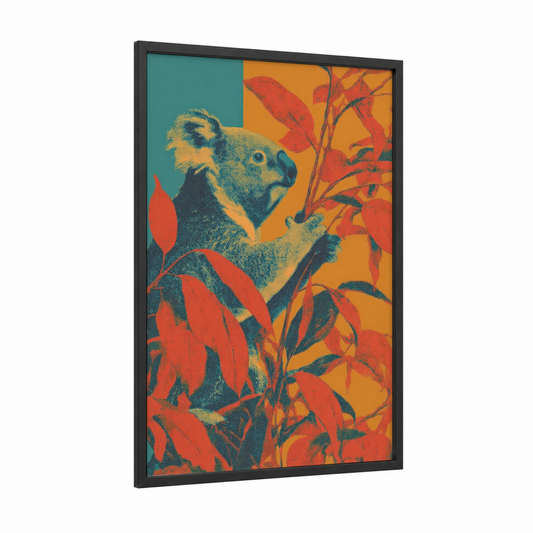 Crimson Koala framed art print — black wood frame — orange and teal palette