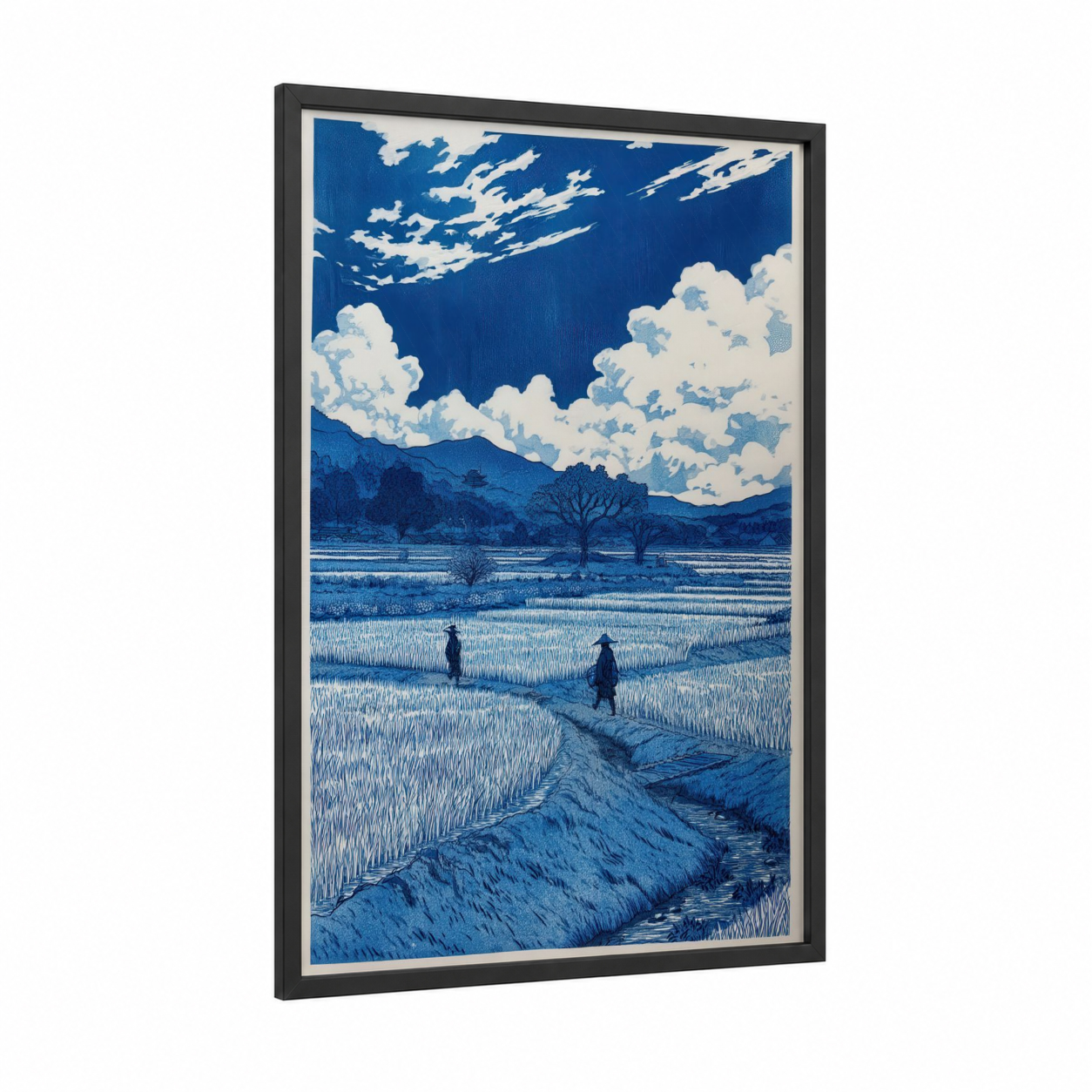 Indigo Rice Fields framed various landscapes print — black wood frame — blue and white palette