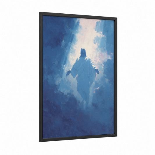 Ascension Light framed jesus christ print — black wood frame — blue and white and light green palette