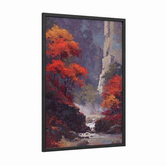 Autumn Cliff Waterfall framed art print — black wood frame — red and purple palette