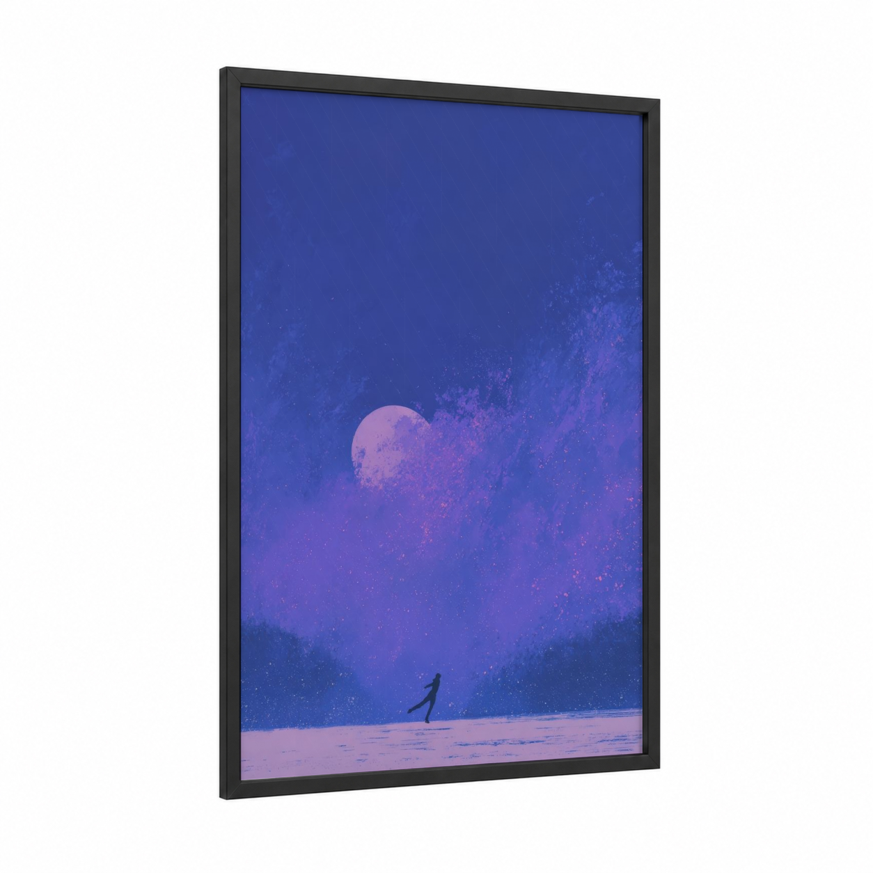 Moonlit Skater framed ice skating print — black wood frame — blue and purple palette