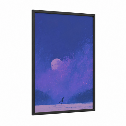 Moonlit Skater framed ice skating print — black wood frame — blue and purple palette