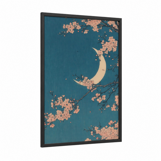 Moonlit Blossoms framed art print — black wood frame — blue and peach palette