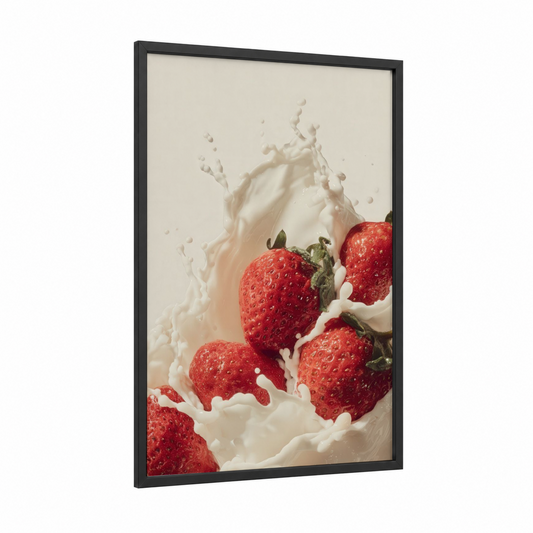 Strawberry Milk Splash framed art print — black wood frame — red and white palette