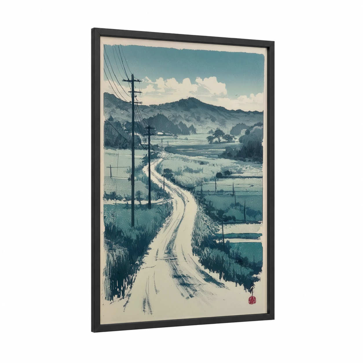 Rural Mountain Valley framed various landscapes print — black wood frame — blue and white and sage green palette