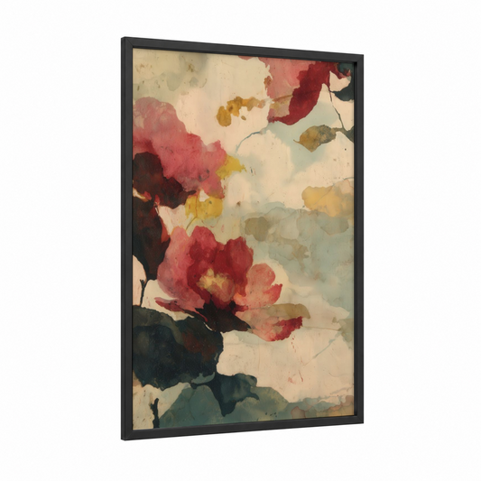 Crimson Magnolia framed art print — black wood frame — cream and maroon palette